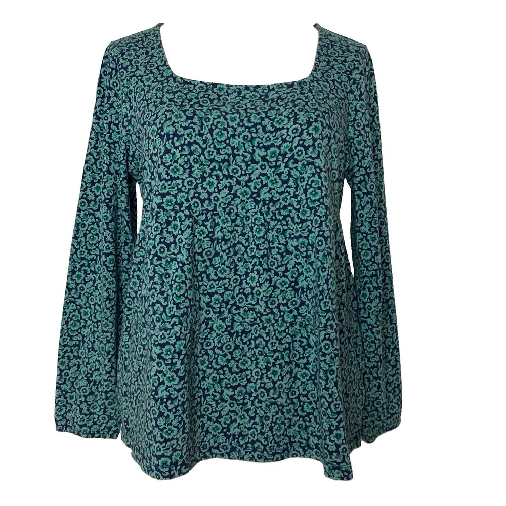 Lands End Womens Green Floral Square Neck Empire Waist Long Sleeve Top M 10/12